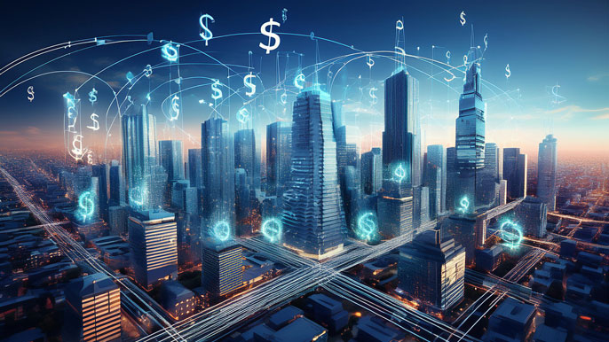 Digital overlay of dollar signs flowing above a city skyline, symbolizing the interconnected financial networks and investment banking.